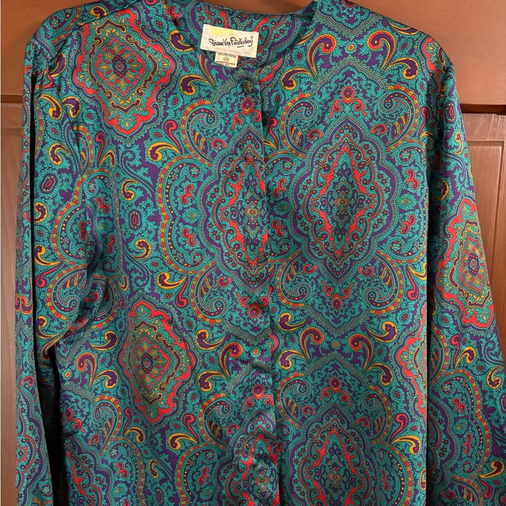 Diane Von Furstenberg Blue and Green Button Down Shirt